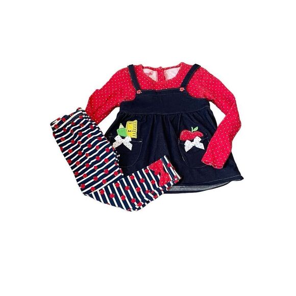 Nannette Girls Size 6 Denim Red Blue Top & Leggings Set Apple Motif Pockets Bows - Picture 4 of 6
